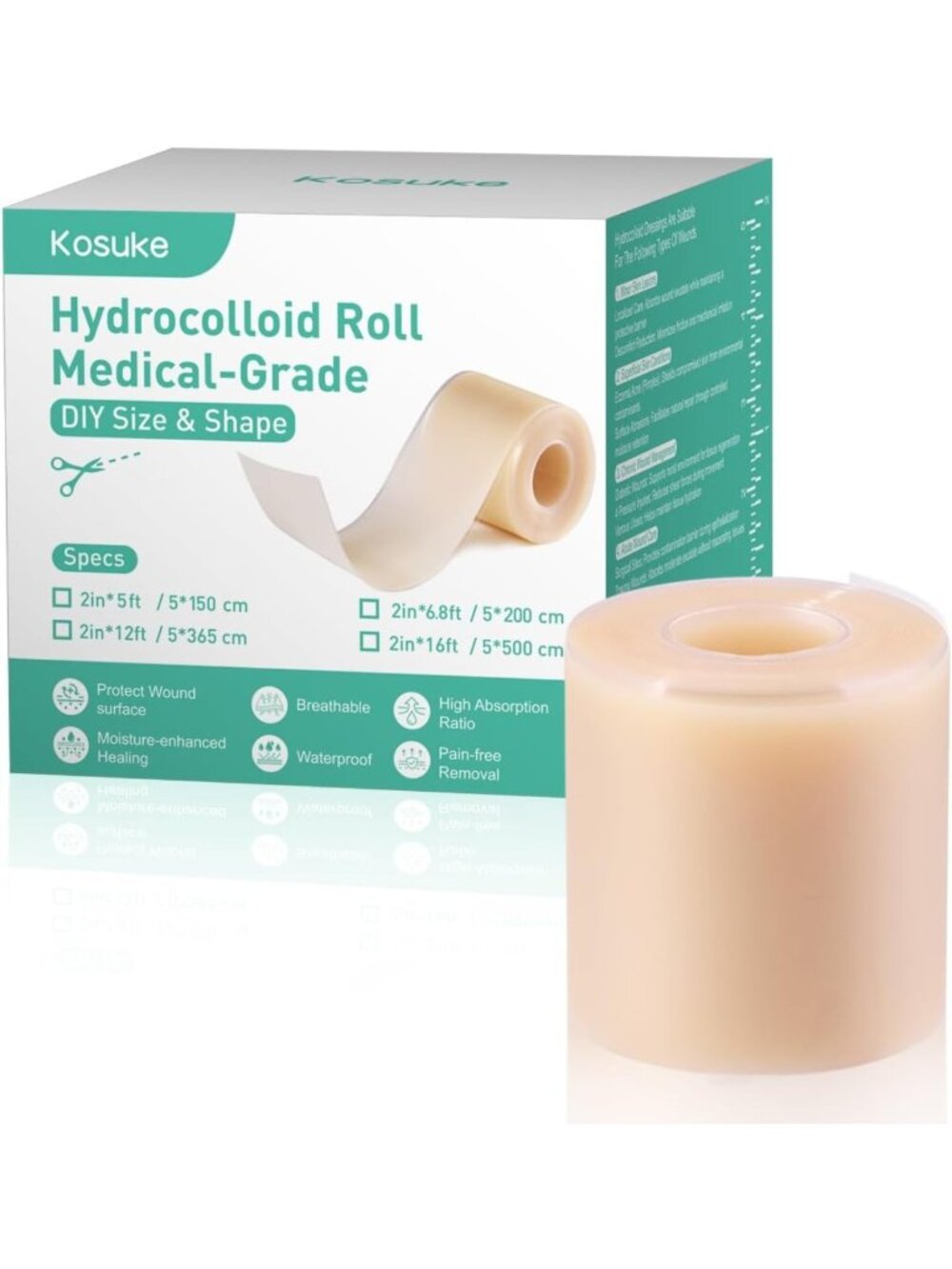 16ft Hydrocolloid Roll for Wound Care - Waterproof, Self-Adhesive, Flexible